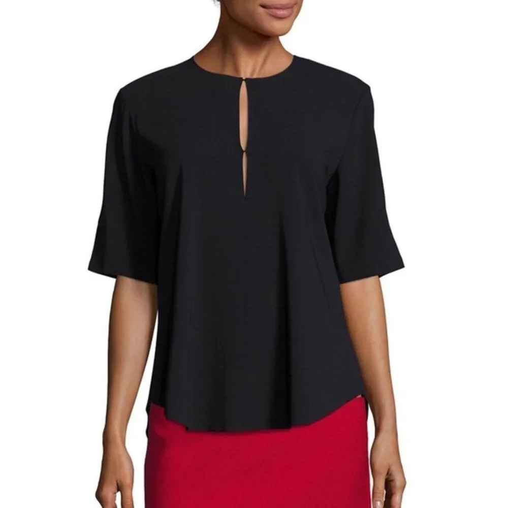 Theory Black Antazie Silk Office Siren Keyhole Neck Short Sleeve Top Size P